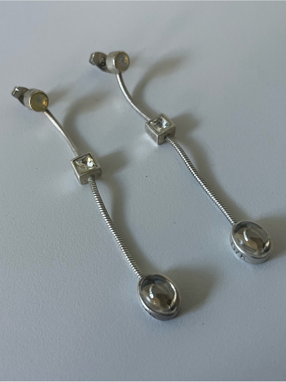 Vintage Dyrberg Kern Sterling Silver Drop Dangle Earrings Clear Glass Opalite
